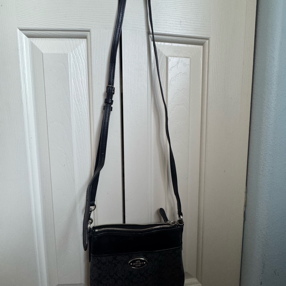 Coach Black Signature Crossbody with Leather Trim
